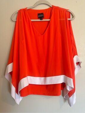 Coco Bianco Draped V-Neck Cold Shoulder Poncho Top Orange with White Trim